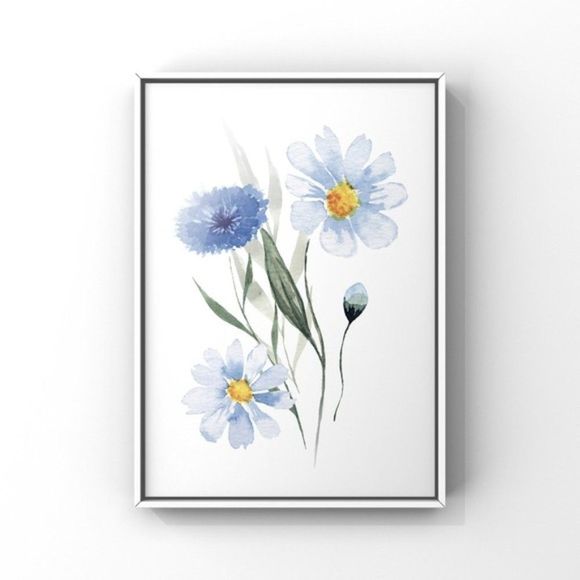 Set of 3 Blue Tan Wildflowers Minimalist Watercolor Digital Art Prints - Picture 3 of 7